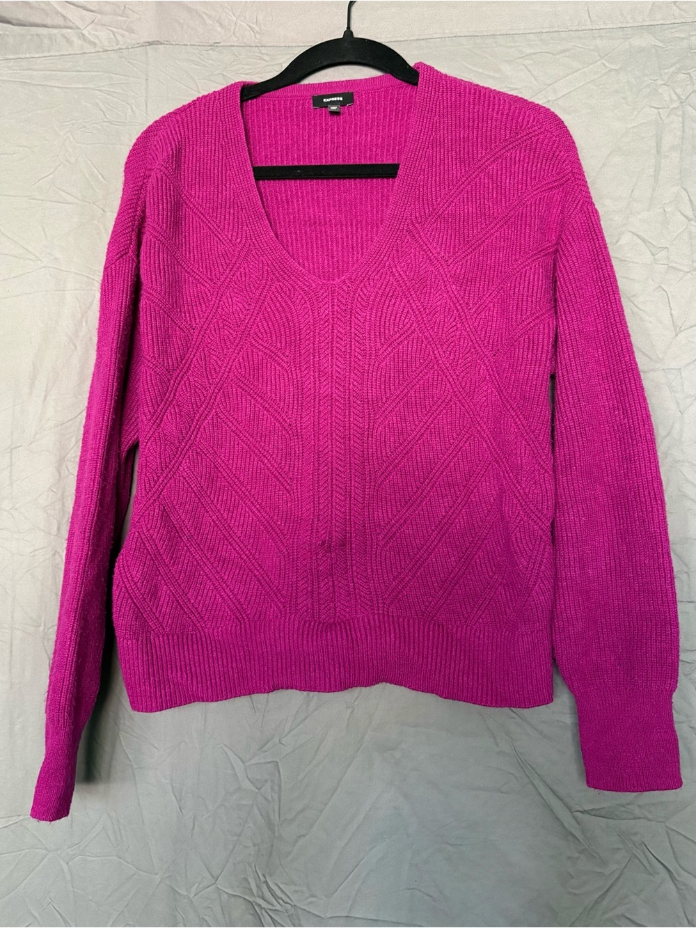 Express Women's Fuchsia V-Neck Cable Knit Sweater